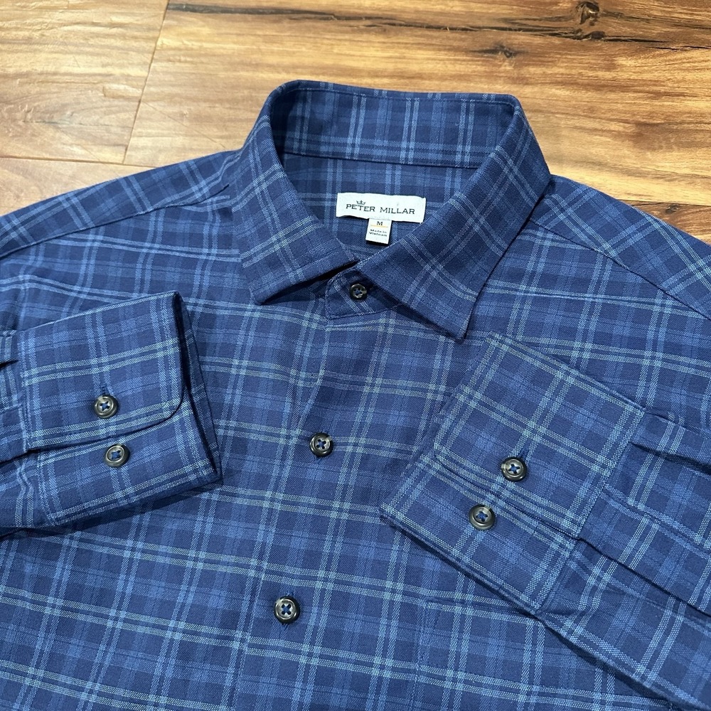 Peter Millar Mens Medium Blue Plaid Woven Long Sleeve Button Front MF22EW07SL